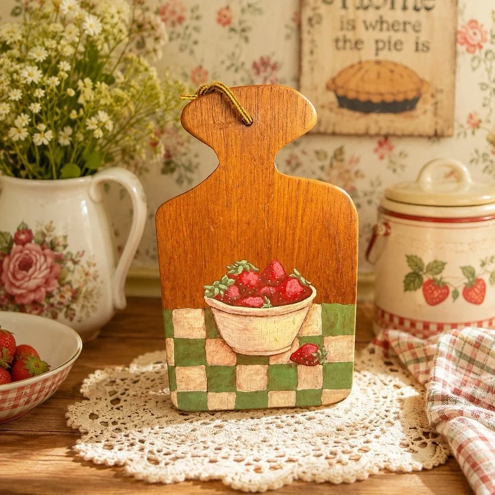 Vintage 80s Hand Painted Strawberry Cutting Board Grannycore Kitchen Folk Art